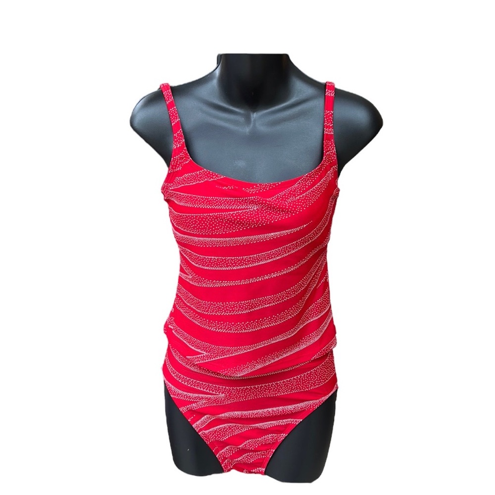 ANNE COLE COLLECTION 3 PCs red & white swim suit and cover-up, size 8, VGC